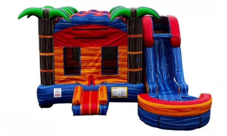 Orange and blue 4 n 1 bounce house slide combo. Tropical Inferno